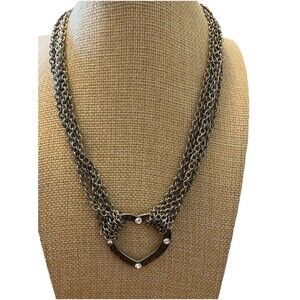 Guess Necklace silver tone chain multistrand center heart with rhinestones